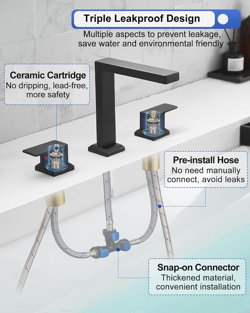 HEYMYTAP Black High Flow Bath Tub Faucet Set 3 Hole, Brass Deck Mount Roman Bathtub Faucet, 2 Handle & Longer Spout Reach with No Leaks Cartridge, Pre-Install 1/2" NPT Female Water Supply Line - Image 3